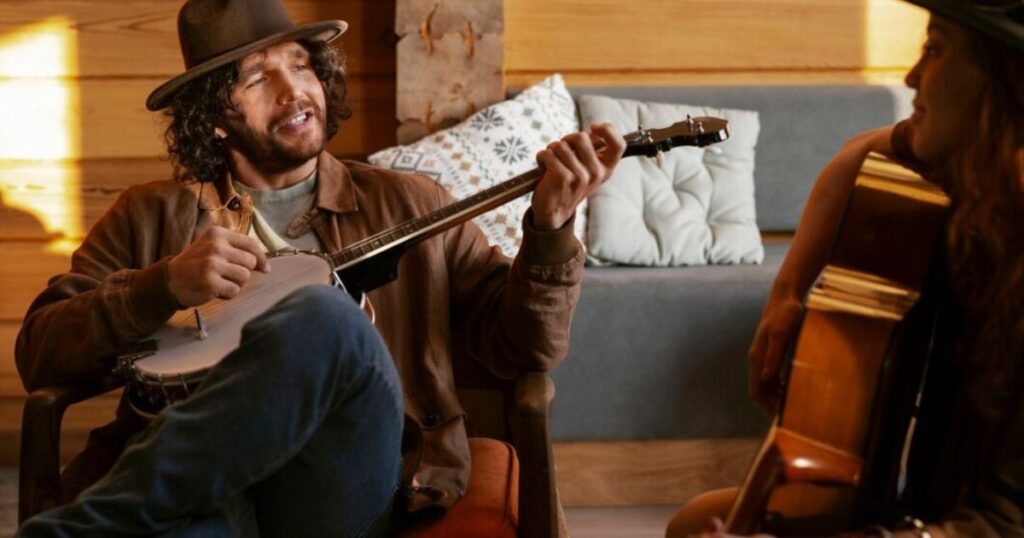 A man wearing a hat plays guitar, embodying the themes of Loyalty and Brotherhood in Honcho's Lyrics through his music.