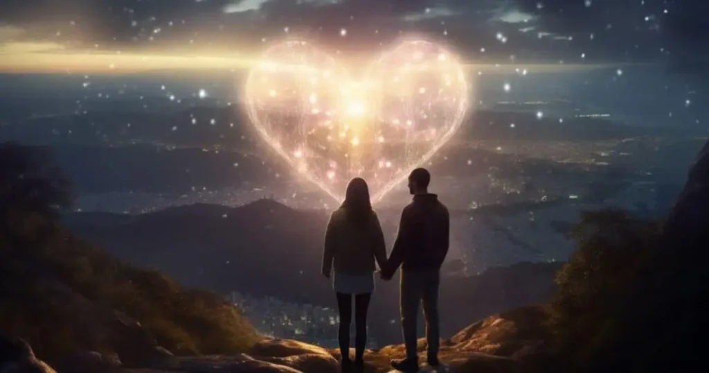 A couple holding hands gazes at a heart-shaped light, symbolizing the meaning of ‘Trust’ by ‘Brent Faiyaz’.