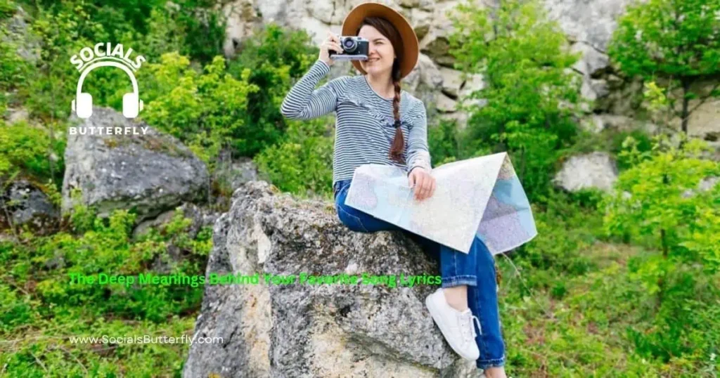 A woman sits on a rock, map in hand and camera ready, embodying "The Search for Adventure and Self-Realisation."