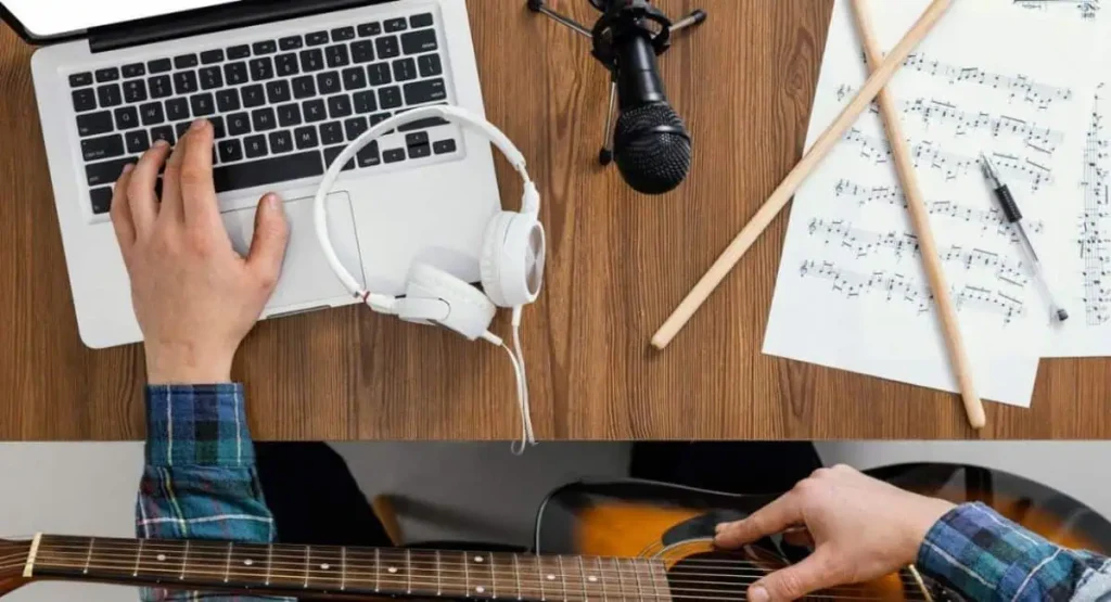 A person playing guitar beside a laptop, surrounded by musical notes, illustrating Analysing JGL's Songwriting Process.