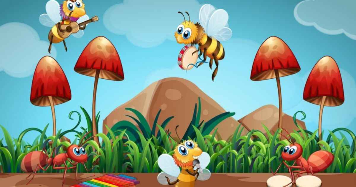 A vibrant scene featuring bees buzzing around colorful mushrooms, symbolizing nature's harmony and the theme of "again-and-again-the-bird-and-the-bee-meaning."