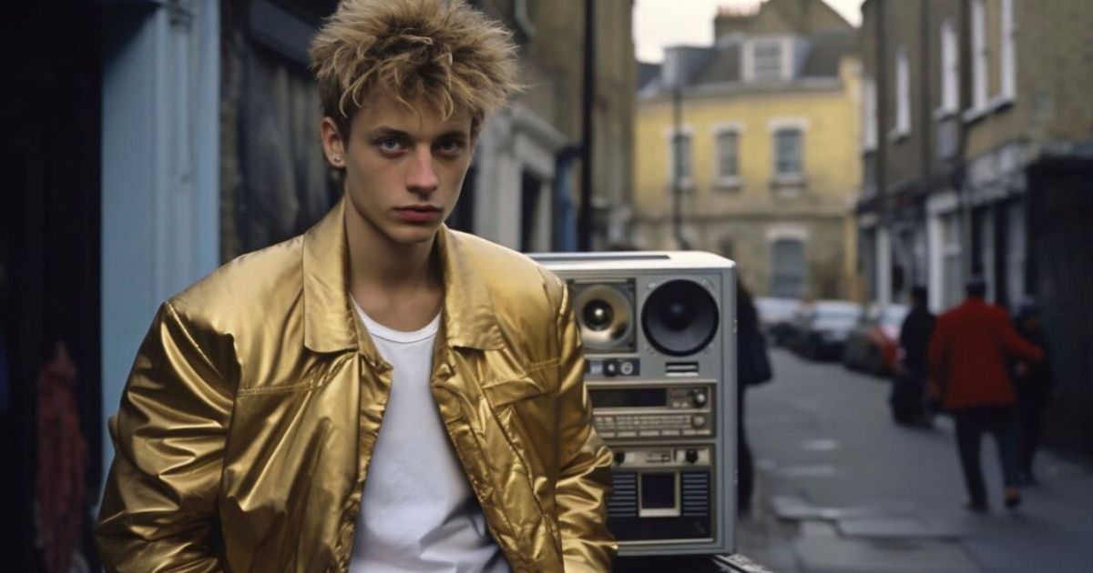 A man in a gold jacket stands beside a radio, embodying the essence of exit music for a film meaning.