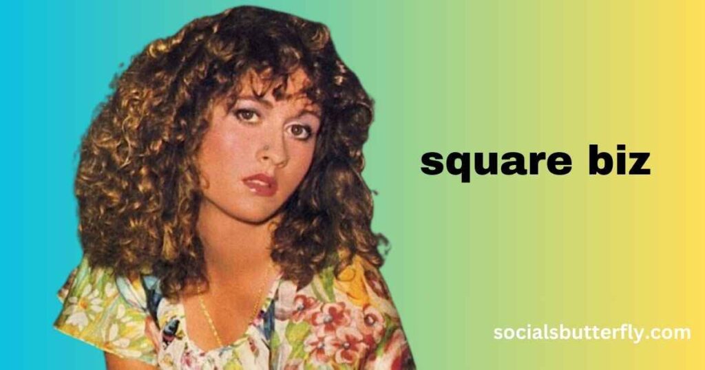  A woman with curly hair stands beside the phrase "square biz," emphasizing a stylish and confident vibe.